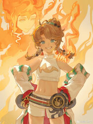 2girls bare_shoulders black_gloves blue_eyes boxing_gloves braid brown_hair championship_belt coat cowboy_shot elemental_(creature) fiery_hair fire fire_elemental gloves grin gyhhh hand_on_another&#039;s_shoulder hands_on_own_hips highres long_hair long_sleeves looking_at_another looking_at_viewer low_twin_braids multiple_girls navel off_shoulder reverse:1999 shirt short_shorts shorts sleeveless sleeveless_shirt smile solo spathodea_(reverse:1999) stomach tank_top teeth twin_braids ulu_(reverse:1999) weibo_logo weibo_watermark white_coat white_shirt white_shorts yellow_background yellow_eyes