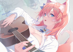  1girl animal_ear_fluff animal_ears blue_bow blue_eyes blush bow breasts cleavage cleavage_cutout clothing_cutout commentary dress dutch_angle fox_ears fox_girl fox_tail grey_background guitar hair_bow hanging_light hizuki_rurufu holding holding_instrument indoors instrument long_hair looking_at_viewer medium_breasts music nilitsu open_mouth pink_hair plant playing_guitar potted_plant sidelocks singing snack_nili solo tail upper_body virtual_youtuber white_dress 