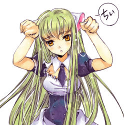  1girl blush c.c. chii chobits code_geass cosplay green_hair long_hair meimi_k parody persocom robot_ears solo yellow_eyes 