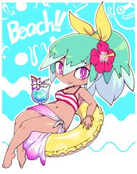  1girl :&gt; barefoot beachhime bikini blush bracelet breasts cup drinking_glass drinking_straw english_text flower green_hair hair_flower hair_ornament hibiscus high_ponytail innertube jewelry long_hair looking_at_viewer navel nollety pink_eyes sarong smile solo striped_bikini striped_clothes swim_ring swimsuit tan whisper_(youkai_watch) youkai_(youkai_watch) youkai_watch youkai_watch:_punipuni 