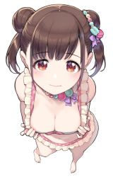 1girl bare_legs bare_shoulders barefoot bead_necklace beads bikini blush breasts brown_hair cleavage closed_mouth double_bun food-themed_hair_ornament foreshortening frilled_bikini frills from_above full_body hair_bun hair_ornament highres idolmaster idolmaster_shiny_colors jewelry large_breasts looking_at_viewer looking_up macaron_hair_ornament navel necklace polka_dot polka_dot_bikini red_eyes short_hair short_twintails simple_background smile solo sonoda_chiyoko standing sunaba_suzume swimsuit tareme twintails white_background yellow_bikini rating:Sensitive score:100 user:danbooru