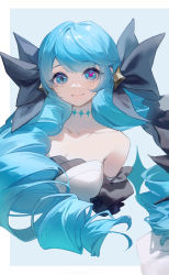 1girl ahoge asami_okutoshioku bare_shoulders black_bow black_sleeves bow breasts collarbone cropped_torso detached_sleeves dress drill_hair green_hair grey_background gwen_(league_of_legends) hair_bow highres large_breasts league_of_legends long_hair looking_at_viewer neck_tattoo off-shoulder_dress off_shoulder smile solo tattoo twin_drills twintails upper_body rating:Sensitive score:13 user:danbooru