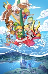  2boys 5girls absurdres air_bubble aryll belt blonde_hair blue_eyes blue_sky brown_hair bubble castle caustics cloud european_architecture fado_(wind_waker) flying green_headwear green_tunic harp highres instrument kai_texel komali korok laruto link long_hair makar medli multiple_boys multiple_girls nintendo one_eye_closed open_mouth outdoors pointing pointy_ears ponytail ship short_hair sky teeth tetra the_king_of_red_lions the_legend_of_zelda the_legend_of_zelda:_the_wind_waker toon_link upper_teeth_only water watercraft white_hair wind_waker_(object) wings zora 