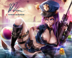  1girl blush boots breasts caitlyn_(league_of_legends) fingerless_gloves glasses gloves gun league_of_legends long_hair mumeaw nipples officer_caitlyn police police_uniform policewoman purple_hair rifle shy signature spread_legs uniform weapon  rating:Questionable score:9 user:Mumeaw