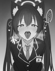 1girl animal_ear_fluff animal_ears blazer blue_archive blush cat_ears collared_shirt greyscale halo heart heart-shaped_pupils highres id_card inotukuhito jacket long_hair looking_at_viewer monochrome necktie open_mouth pleated_skirt saliva serika_(blue_archive) shirt sidelocks skirt solo speech_bubble sweat symbol-shaped_pupils teeth tongue tongue_out translation_request twintails upper_body upper_teeth_only  rating:Questionable score:31 user:danbooru