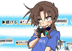  1girl artist_name bandage_on_face bandages bandaid bandaid_on_arm bandaid_on_face black_eyes blue_shirt blush brown_hair clothes_writing continue ed-chan_(edkuroki) edkuroki game_over gameplay_mechanics hair_intakes highres licking long_hair messy_hair original outline patterned_background playstation_controller shirt signature solo tongue tongue_out wavy_mouth white_background white_outline 