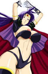  1girl arm_support armlet armor arms_up breasts bridal_garter cameltoe cape circlet female_focus gloves highleg highleg_panties large_breasts long_hair magic midriff ml naga_the_serpent navel nipple_slip nipples panties purple_eyes purple_hair simple_background slayers solo standing underwear white_background  rating:Questionable score:44 user:Ynyswydryn