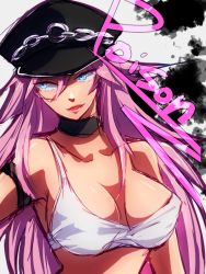  1girl big_hair blue_eyes breasts capcom character_name choker cleavage final_fight hat large_breasts long_hair nanashiba no_bra peaked_cap pink_hair poison_(final_fight) solo street_fighter upper_body very_long_hair  rating:Sensitive score:57 user:damfal