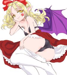  1girl arm_support ass bat_wings black_bra black_panties blonde_hair bow bra breasts closed_mouth clothes_pull commentary_request elis_(touhou) facial_mark frilled_skirt frills hair_bow hand_on_own_chin hand_on_own_thigh layered_skirt long_hair lying medium_breasts nose on_side panties pantyhose pantyhose_pull pointy_ears red_bow red_skirt s-a-murai skirt smile solo star_(symbol) touhou touhou_(pc-98) underwear white_background white_pantyhose wings yellow_eyes 