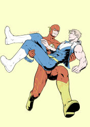  2boys artist_name bara barry_allen blonde_hair blue_bodysuit blue_vest bodysuit boots captain_cold_(dc) carrying covered_abs dc_comics evinist highres justice_league large_pectorals leonard_snart looking_at_viewer male_focus mask multiple_boys muscular muscular_male open_clothes open_vest pectorals princess_carry red_background short_hair simple_background smile the_flash two-tone_bodysuit vest white_bodysuit yaoi 