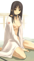1girl breasts collar flat_chest kneeling leash nagi_ryou open_clothes open_robe open_shirt robe shirt small_breasts smile solo rating:Questionable score:13 user:danbooru