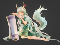 1girl barefoot black_background bow caved_(touhou) collared_shirt dress ex-keine green_dress green_hair highres horn_bow horn_ornament horn_ribbon horns kamishirasawa_keine leaning_on_object leaning_to_the_side long_hair looking_at_viewer orange_eyes puffy_short_sleeves puffy_sleeves red_neckwear red_ribbon ribbon scroll shirt short_sleeves sumire495 tail touhou very_long_hair