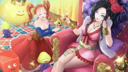  2girls black_hair blouse blue_eyes blue_shirt breasts cleavage closed_eyes coin cupping_hands deborah_(dq5) dragon_quest dragon_quest_v dragon_quest_viii gold_coin hair_intakes highres jessica_albert medislime mottle_slime multiple_girls own_hands_together red_hair shirt slime_(dragon_quest) square_enix twintails 