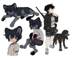  1boy 1girl animal animal_ears black_eyes black_fur black_hair black_jacket blood blood_on_arm blood_on_clothes blue_eyes body_fur brown_dog child claws clenched_teeth closed_mouth commentary cub deviidog0 dog english_commentary full_body fur-tipped_tail furry furry_male grey_fur grey_shirt gun hand_in_pocket hand_up highres injury jacket lion lion_boy lion_cub lion_ears lion_tail long_sleeves looking_at_viewer looking_to_the_side original rifle scar scar_on_arm shirt short_eyebrows short_hair short_sleeves shorts simple_background standing t-shirt tail teeth torn_clothes torn_shorts weapon white_background 