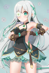  1girl absurdres adjusting_clothes anemone_(princess_connect!) armpits bare_shoulders belt black_dress blush breasts brown_gloves closed_mouth dress flower flower_eyepatch flower_necklace flower_over_eye gloves gplnbeat green_eyes green_skirt highres jewelry long_hair necklace princess_connect! scabbard sheath skirt small_breasts solo standing thorns very_long_hair white_hair 