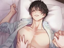 1boy bed_sheet blush brown_hair dress_shirt female_pov grabbing hetero highres holding_hands implied_sex lying male_focus on_back on_bed open_clothes open_shirt original parted_lips pectorals pillow pillow_grab pov shirt solo_focus takahama_keishi upper_body rating:Sensitive score:11 user:danbooru