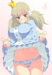  1girl blonde_hair breasts choker clothes_lift crown jewelry kafuru_(senran_kagura) large_breasts purple_eyes senran_kagura skirt skirt_hold skirt_lift spoken_blush tottotonero twintails whistle  rating:Questionable score:75 user:Zuwi