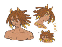  1boy animal_ears brown_hair chibi chinese_commentary cropped_shoulders cross_scar dark-skinned_male dark_skin dreadlocks facial_scar floating_hair guu_(hakahonoo) highres horse_ears multiple_scars multiple_views notched_ear original portrait scar scar_on_cheek scar_on_face scar_on_lip scar_on_neck scar_on_shoulder short_hair simple_background thick_eyebrows topless white_background yellow_eyes 
