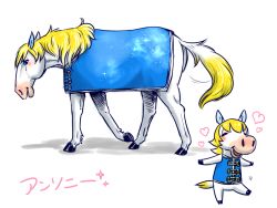  animal animal_crossing animal_ears blonde_hair blue_eyes colton_(animal_crossing) denmoko closed_eyes furry heart horse horse_ears horse_tail multiple_views nintendo open_mouth simple_background sparkle tail white_background 