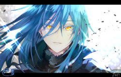  1other androgynous blue_hair commentary_request fur-trimmed_jacket fur_trim hair_between_eyes jacket letterboxed long_hair looking_at_viewer open_mouth rimuru_tempest simple_background sirofuku414 smile solo sparkle tensei_shitara_slime_datta_ken very_long_hair white_background yellow_eyes  rating:Sensitive score:9 user:danbooru