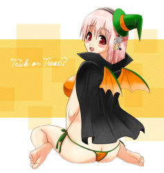 1girl ass bad_id bad_pixiv_id barefoot bat_wings bikini blush butt_crack cape feet from_behind halloween hat headphones ichi/mine long_hair looking_back nitroplus pink_hair red_eyes sitting soles super_sonico swimsuit wariza wings witch_hat rating:Questionable score:13 user:danbooru