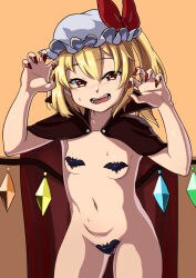  1girl blonde_hair blush bow breasts bunsuirei cape claw_pose collarbone commentary_request contrapposto cowboy_shot crystal_wings double-parted_bangs fangs fingernails flandre_scarlet hat hat_bow highres loli long_fingernails looking_at_viewer maebari mob_cap nail_polish naked_cape navel nose_blush open_mouth pasties red_bow red_eyes red_nails shiny_skin short_hair side_ponytail simple_background small_breasts solo standing sweat teeth tongue touhou two-tone_background white_hat wings 