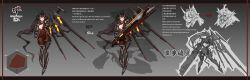  1girl absurdres arrow_(symbol) black_horns breasts brown_hair brown_pantyhose character_profile chinese_commentary chinese_text clenched_hands clothes_writing commentary_request concept_art cyborg dated diagram energy_gun english_text full_body grey_background highres holding holding_weapon horns huge_weapon liren44 long_hair looking_at_viewer mechanical_arms mechanical_ears mechanical_hands mechanical_horns mechanical_legs mechanical_wings medium_breasts metal multiple_views open_mouth orange_eyes orange_horns original pantyhose ponytail science_fiction serious sharp_teeth smile stats teeth translation_request two-handed upper_teeth_only very_long_hair weapon wings 