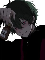  1boy black_jacket black_nails blush commentary_request drugged ear_piercing green_hair hair_between_eyes heart heart-shaped_pupils highres holding jacket long_sleeves looking_at_viewer male_focus nail_polish original parted_lips piercing pill pill_bottle saliva simple_background solo soui_manshin sweat symbol-shaped_pupils tears twitter_username upper_body white_background zipper_pull_tab 