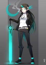1girl an_yue_(qys3) aqua_eyes aqua_hair artist_name belt black_footwear black_gloves black_hair black_hat black_jacket black_pants boots breasts cigarette commentary_request crescent cross-laced_footwear eyeshadow full_body gloves gradient_hair hair_ornament hand_in_pocket hat highres holding holding_sword holding_weapon horns jacket knee_boots long_hair long_sleeves looking_at_viewer makeup multicolored_hair open_clothes open_jacket pants pixiv_fantasia pixiv_fantasia_last_saga pointy_ears qys3 shirt sidelocks single_horn small_breasts smoke smoking solo standing sword very_long_hair weapon white_shirt wing_collar rating:General score:7 user:danbooru