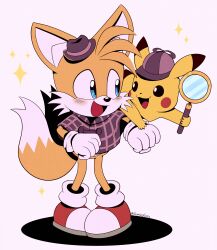 1boy black_eyes blue_eyes blush creatures_(company) detective_pikachu detective_pikachu_(character) fox_boy game_freak gen_1_pokemon gigi-starling gloves hat holding nintendo open_mouth pikachu pokemon pokemon_(creature) shoes simple_background smile sonic_(series) tails_(sonic) the_murder_of_sonic_the_hedgehog twitter_username white_background