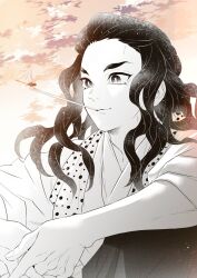 haganezuka hotaru, kimetsu no yaiba, looking away, highres, spoilers, 1boy,  floral print, hair down, hair ornament, hat, hat ornament, jacket, japanese  clothes, kai mtitsu, kimono, long hair, male focus, monochrome, no mask