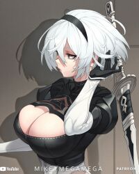  1girl 2b_(nier:automata) black_dress black_eyes black_gloves blue_eyes breasts cleavage dress feather-trimmed_sleeves feather_trim female_focus gloves grey_eyes hairband headband heattech_leotard highleg highleg_leotard highres juliet_sleeves large_breasts leotard long_sleeves mikeymegamega mole mole_under_mouth nier nier:automata nier_(series) no_blindfold parted_lips puffy_sleeves shadow short_hair solo solo_focus sword tagme turtleneck upper_body weapon white_hair  rating:Sensitive score:50 user:DrFumiya