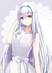  1girl brown_eyes dress green_hairband hairband jewelry kantai_collection kimura_shiki long_hair looking_at_viewer necklace official_alternate_costume one-hour_drawing_challenge pearl_necklace shoukaku_(anniversary)_(kancolle) shoukaku_(kancolle) sleeveless sleeveless_dress smile solo standing white_dress white_hair 