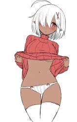  1girl ahoge blush breasts clothes_lift commentary_request cowboy_shot dark-skinned_female dark_elf dark_skin elf hair_ornament head_tilt lifted_by_self long_sleeves looking_at_viewer malice_stella medium_breasts navel original panties parted_lips pointy_ears red_eyes ribbed_sweater simple_background solo sweater sweater_lift thigh_gap thighhighs underboob underwear white_background white_hair white_panties white_thighhighs x_hair_ornament  rating:Sensitive score:23 user:danbooru