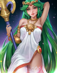 1girl arm_behind_back arm_up armpits breasts crown dress fantasy fingernails green_eyes green_hair grin holding holding_staff jewelry kid_icarus kittew large_breasts lips lipstick long_hair looking_at_viewer makeup medium_breasts neck neck_ring nintendo open_mouth palutena pendant smile solo staff standing strapless strapless_dress thighhighs very_long_hair watermark web_address white_dress white_thighhighs rating:Sensitive score:84 user:danbooru