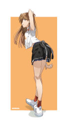  1girl arms_up artist_request ass bare_legs bare_shoulders blue_eyes breasts brown_hair casual character_name full_body highres legs long_hair looking_at_viewer looking_back neon_genesis_evangelion orange_background shirt shoes sneakers solo souryuu_asuka_langley standing thighs white_shirt wide_hips 