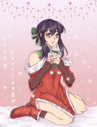  1girl bare_legs bare_shoulders black_hair blush boots christmas dress earrings elbow_gloves fingerless_gloves fire_emblem fire_emblem:_genealogy_of_the_holy_war fur-trimmed_dress fur_trim gloves hair_ribbon houoney jewelry larcei_(fire_emblem) looking_at_viewer nintendo own_hands_clasped own_hands_together ribbon santa_dress short_hair sidelocks sitting snow snowflakes snowing socks solo wariza 