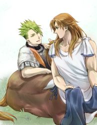 2boys achilles_(fate) arata_(lak) armor blue_scarf brown_hair centaur chiron_(fate) eye_contact fate/apocrypha fate/grand_order fate_(series) feet_out_of_frame flower grass green_eyes green_hair holding holding_another&#039;s_hair holding_clothes holding_scarf leaning_on_person light_particles long_hair looking_at_another looking_back male_focus multiple_boys orange_scarf parted_bangs parted_lips profile scarf short_hair shoulder_armor sitting sleeveless smile swept_bangs taur toned toned_male tunic upper_body white_tunic yaoi yellow_eyes rating:General score:2 user:danbooru