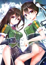  10s 2girls ass bad_id bad_pixiv_id breasts brown_eyes brown_hair chikuma_(kancolle) hair_ribbon henet_hene kantai_collection large_breasts long_hair multiple_girls no_panties open_mouth pelvic_curtain personification ribbon side_slit smile tabard tone_(kancolle) twintails  rating:Sensitive score:18 user:danbooru