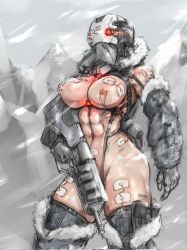  1girl abs ass assault_rifle barcode barcode_tattoo bare_hips bare_shoulders belt belt_pouch between_breasts boots breast_tattoo breasts breasts_apart clothing_cutout combat_doll_(sirpetus) covered_face cowboy_shot cyborg detached_collar detached_sleeves female_soldier fur-trimmed_hood fur-trimmed_sleeves fur_trim gloves gun heating_pad helmet highleg highleg_panties highres holding holding_weapon hood hood_down large_breasts linked_piercing military_uniform mind_control mountain muscular muscular_female navel nipple_piercing nipples number_tattoo numbered outdoors panties piercing pouch revealing_clothes rifle sirpetus snow snow_on_body snowing soldier solo standing strap_between_breasts tattoo thigh_boots thighhighs topless underwear uniform weapon wind  rating:Explicit score:15 user:jbnp5