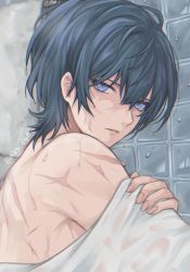  1boy artist_name blue_eyes blue_hair byleth_(fire_emblem) byleth_(male)_(fire_emblem) fire_emblem fire_emblem:_three_houses hair_between_eyes highres indoors looking_at_viewer looking_back nintendo parted_lips scar shimizu_akina short_hair shower solo topless twitter_username upper_body wet wet_clothes  rating:Sensitive score:6 user:Houseofcards77
