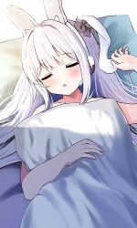  1girl absurdres animal_ears aoraine blue_archive blush closed_eyes fake_animal_ears grey_hair highres long_hair lying miyako_(blue_archive) on_back one_side_up parted_lips pillow rabbit_ears sleeping solo  rating:General score:9 user:danbooru