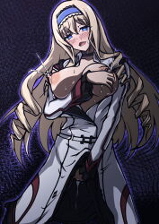  1girl absurdres blonde_hair blue_eyes blush bow breast_hold breasts breasts_out cecilia_alcott clothes_lift drill_hair fingering grabbing_own_breast hair_bow heart heart-shaped_pupils highres in_heat infinite_stratos kneeling lactation large_breasts legs lifted_by_self long_hair looking_at_viewer masturbation naughty_face nipples no_bra open_mouth pantyhose pussy_juice school_uniform skirt skirt_lift smile solo sweat symbol-shaped_pupils thighs 