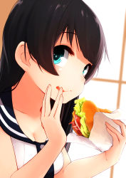  10s 1girl :&lt; agano_(kancolle) aqua_eyes backlighting bacon bare_arms bare_shoulders black_hair breasts burger cleavage close-up closed_mouth collarbone eating eyelashes food food_on_face highres holding holding_food kantai_collection looking_at_viewer onion sailor_collar salad short_hair solo suginoji tareme tomato upper_body vest white_vest window wiping_face wiping_mouth wrapper  rating:Sensitive score:5 user:danbooru