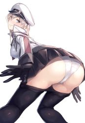 10s 1girl ass black_gloves black_pantyhose blonde_hair blue_eyes blush clothes_pull from_below gloves graf_zeppelin_(kancolle) hair_between_eyes hat kantai_collection leaning_forward looking_at_viewer looking_back panties pantyhose pantyhose_pull pleated_skirt simple_background skirt solo twintails underwear white_background white_panties yomo_(majidon) rating:Sensitive score:54 user:danbooru