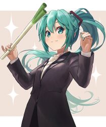 1girl aqua_eyes aqua_hair black_jacket blush bow bowtie closed_mouth collared_shirt commentary_request food formal hands_up hatsune_miku highres holding holding_food holding_spring_onion holding_vegetable ishiyuki jacket long_hair long_sleeves looking_at_viewer shirt smile solo sparkle_background spring_onion suit twintails upper_body vegetable very_long_hair vocaloid white_bow white_bowtie white_shirt rating:General score:4 user:danbooru