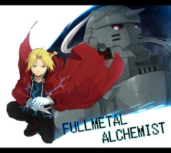  00s 2boys ahoge alphonse_elric armor bad_id bad_pixiv_id blade blonde_hair boots braid brothers coat edward_elric electricity energy fullmetal_alchemist gloves letterboxed multiple_boys open_clothes open_coat ponytail prosthesis riru siblings single_braid smile squatting weapon white_gloves yellow_eyes  rating:Sensitive score:4 user:AvidWinryFan
