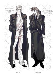  2000 2023 2boys akagi:_yami_ni_oritatta_tensai closed_mouth coat collared_shirt commentary_request expressionless fashion fukumoto_mahjong full_body greyscale hair_slicked_back highres houlong_siche ichijou_seiya kaiji long_hair long_sleeves looking_afar looking_to_the_side male_focus monochrome multiple_boys necktie overcoat pants parted_bangs shirt shoes simple_background standing washizu_iwao 