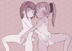  2girls :p ami_(sakuran) anus belly censored female_focus flat_chest hand_on_another&#039;s_pussy holding_hands loli looking_at_viewer mizuki_(sakuran) mole mole_on_thigh mole_under_eye monochrome mosaic_censoring multiple_girls nude original pale_skin ponytail pussy sakuran_(ameto) siblings sisters smile spread_legs stroking_pussy tan tanline tongue tongue_out  rating:Explicit score:82 user:bednorz