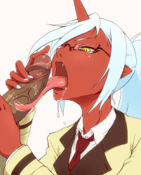10s 1girl bad_id bad_pixiv_id blue_hair colored_skin demon_girl demon_horns fang fellatio glasses hetero horns huge_tongue interspecies kneesocks_(psg) long_hair long_tongue necktie open_mouth oral panty_&amp;_stocking_with_garterbelt penis ponytail precum red_skin saliva solo_focus tongue tongue_out tonguejob uncensored yoshinome rating:Explicit score:316 user:danbooru